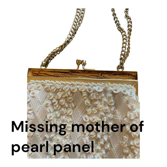 Vintage ivory sequined beaded evening bag gold kisslock chain strap glam retro - Picture 8 of 13